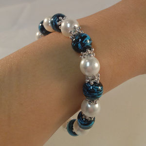 Pearl Blue Black Glass Bead Stretch Bracelet